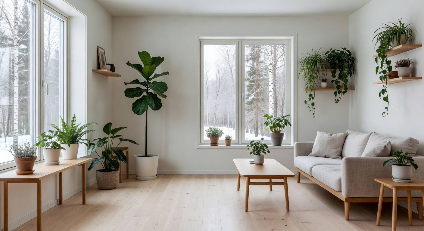 Beautiful scandinavian home interior filled with plants