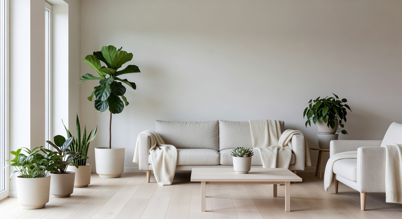 Calm scandinavian living room decorated with natural indoor plants and Wavozantar flower pots