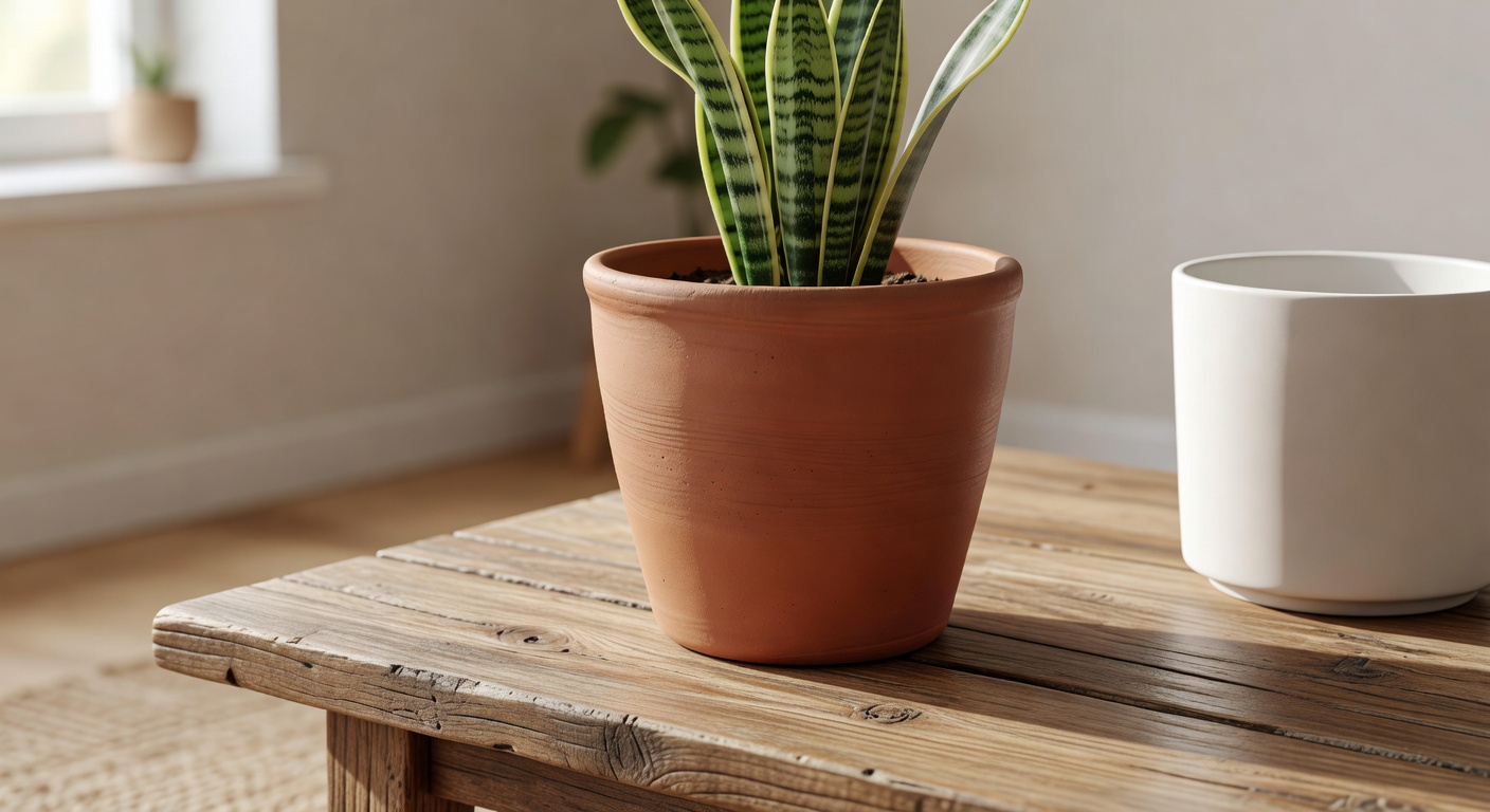 Earthy terracotta indoor plant pot on wooden table
