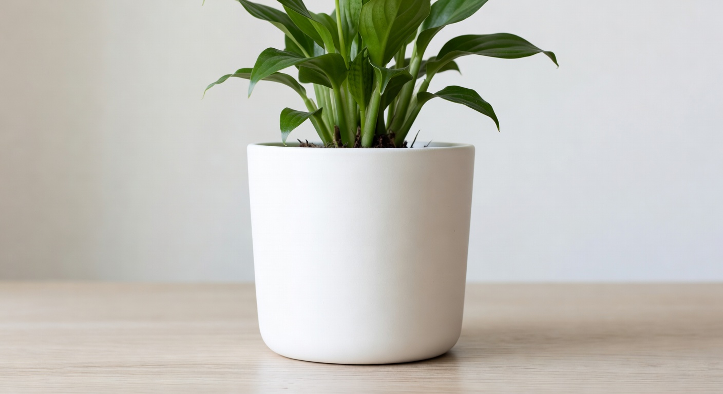 Minimalist white ceramic flower pot with indoor plant